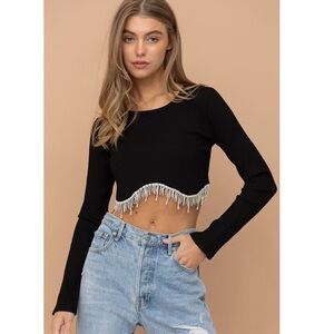 APRICOT Black Long Sleeve Crop Top with Silver Rhinestones Fringe